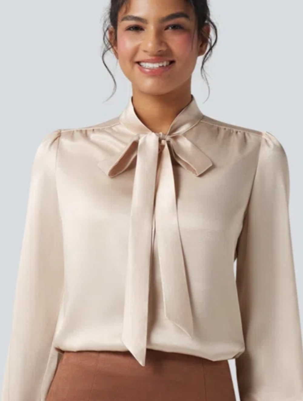 HALARA Birch Tie Front Satin Button Down Work Blouse Gorgeous Large Beautiful